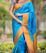 Sky blue floral, temple border, zari work kanji gadwal silk saree with blouse