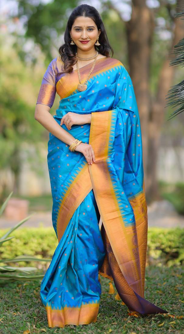 Sky blue floral, temple border, zari work kanji gadwal silk saree with blouse