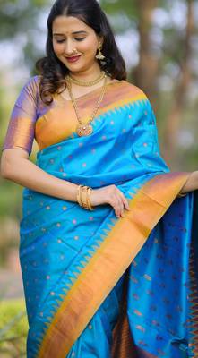 Sky blue floral temple border zari work kanji gadwal silk blend saree with blouse 2