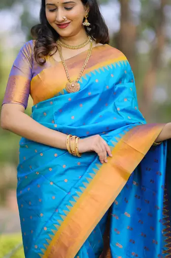 Sky blue floral, temple border, zari work kanji gadwal silk saree with blouse