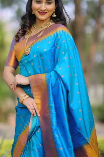 Sky blue floral, temple border, zari work kanji gadwal silk saree with blouse