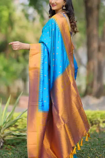 Sky blue floral, temple border, zari work kanji gadwal silk saree with blouse