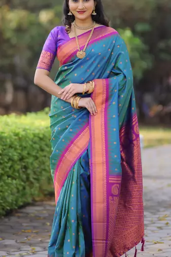 Teal blue floral, temple border, zari work kanji gadwal silk saree with blouse