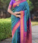 Teal blue floral, temple border, zari work kanji gadwal silk saree with blouse