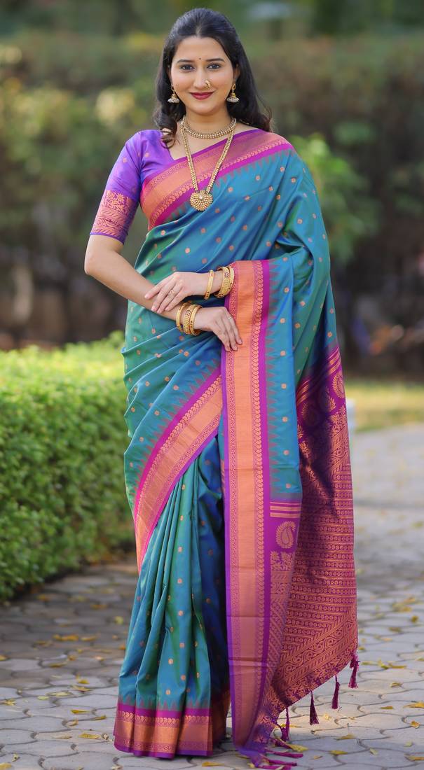 Teal blue floral, temple border, zari work kanji gadwal silk saree with blouse