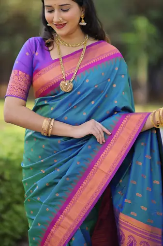 Teal blue floral, temple border, zari work kanji gadwal silk saree with blouse