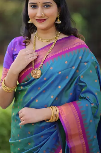 Teal blue floral, temple border, zari work kanji gadwal silk saree with blouse