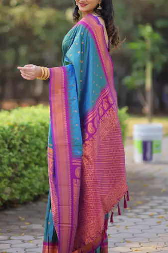 Teal blue floral, temple border, zari work kanji gadwal silk saree with blouse