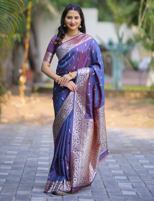 Blue floral zari work banarasi silk blend saree with blouse 1