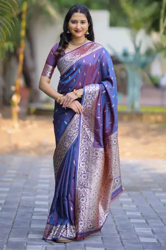 Blue floral, zari work banarasi silk saree with blouse