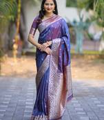 Blue floral, zari work banarasi silk saree with blouse