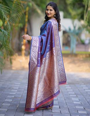 Blue floral zari work banarasi silk blend saree with blouse 3