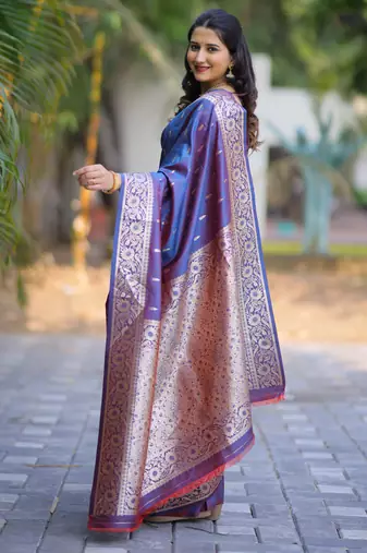 Blue floral, zari work banarasi silk saree with blouse