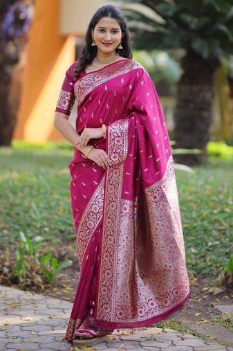 Magenta floral, zari work banarasi silk saree with blouse