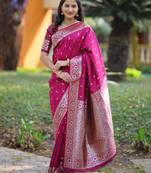 Magenta floral, zari work banarasi silk saree with blouse