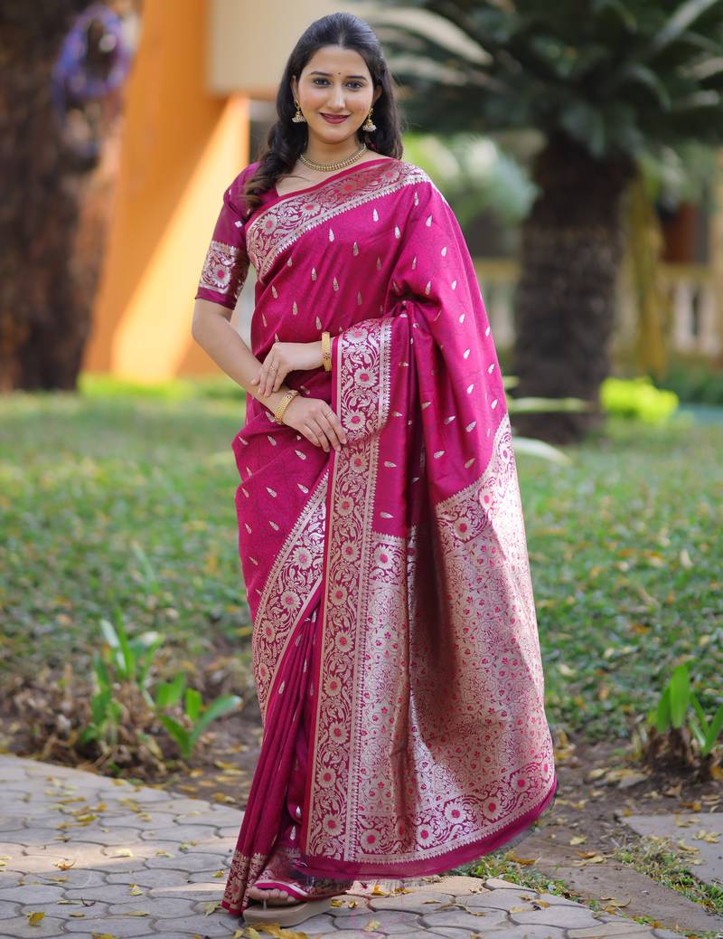 Magenta floral, zari work banarasi silk saree with blouse