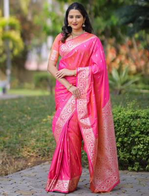 Pink floral zari work banarasi silk blend saree with blouse 1