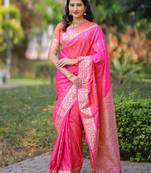 Pink floral, zari work banarasi silk saree with blouse