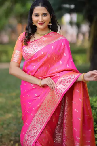 Pink floral, zari work banarasi silk saree with blouse