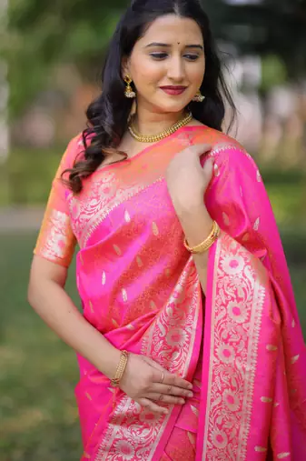 Pink floral, zari work banarasi silk saree with blouse