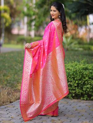 Pink floral zari work banarasi silk blend saree with blouse 4