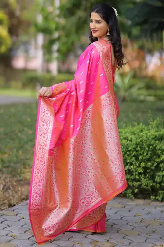 Pink floral, zari work banarasi silk saree with blouse