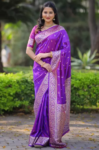 Purple floral, zari work banarasi silk saree with blouse