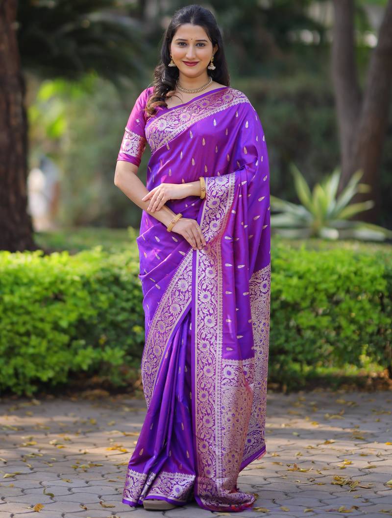 Purple floral, zari work banarasi silk saree with blouse
