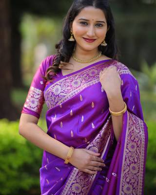 Purple floral zari work banarasi silk blend saree with blouse 3