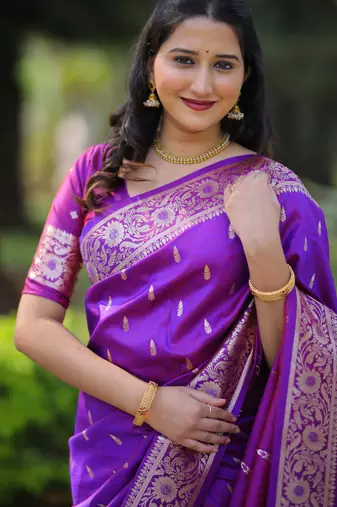 Purple floral, zari work banarasi silk saree with blouse