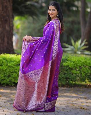 Purple floral zari work banarasi silk blend saree with blouse 4