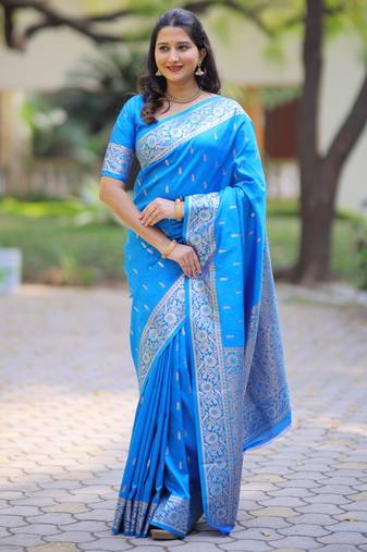 Sky blue floral, zari work banarasi silk saree with blouse