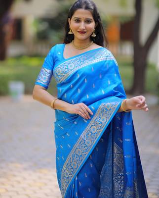 Sky blue floral zari work banarasi silk blend saree with blouse 2