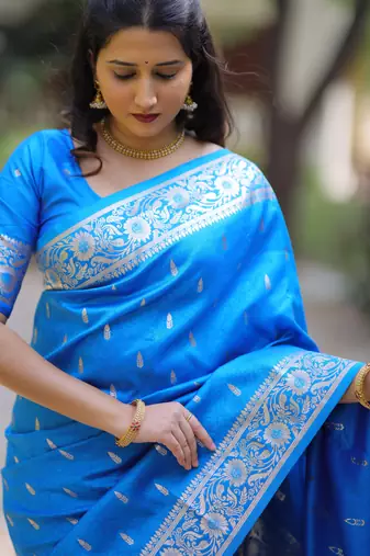 Sky blue floral, zari work banarasi silk saree with blouse