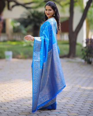 Sky blue floral zari work banarasi silk blend saree with blouse 4