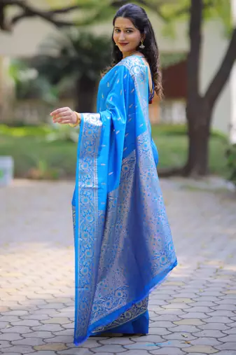 Sky blue floral, zari work banarasi silk saree with blouse