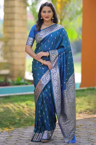 Teal blue floral, zari work banarasi silk saree with blouse