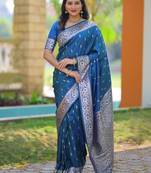 Teal blue floral, zari work banarasi silk saree with blouse