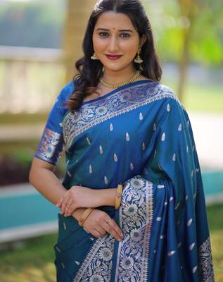 Teal blue floral zari work banarasi silk blend saree with blouse 2