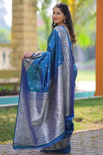 Teal blue floral, zari work banarasi silk saree with blouse