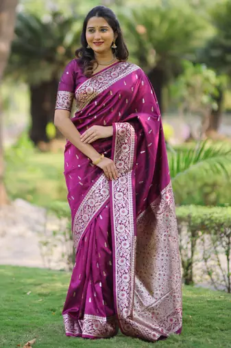 Wine floral, zari work banarasi silk saree with blouse