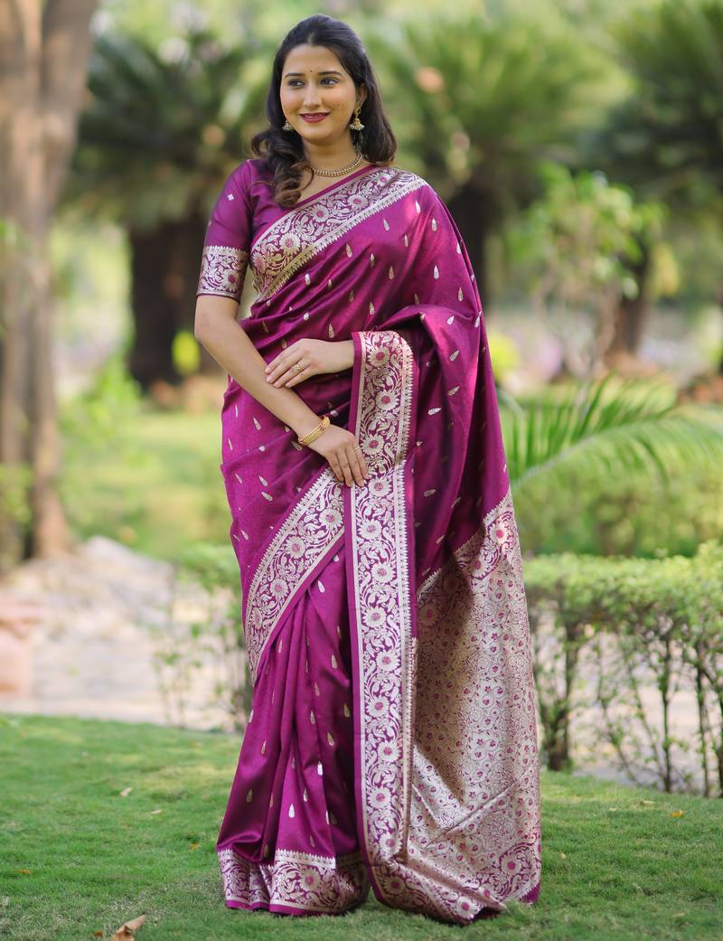Wine floral, zari work banarasi silk saree with blouse