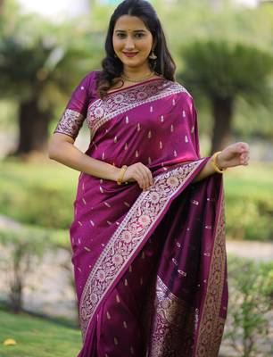 Wine floral zari work banarasi silk blend saree with blouse 2
