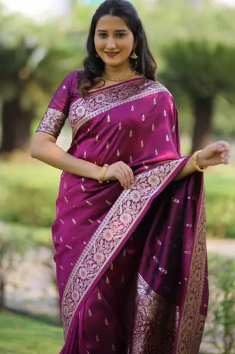 Wine floral, zari work banarasi silk saree with blouse