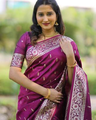 Wine floral zari work banarasi silk blend saree with blouse 3