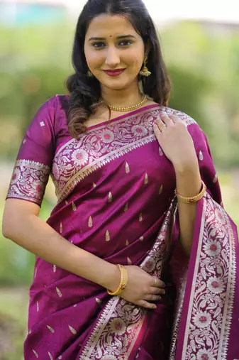 Wine floral, zari work banarasi silk saree with blouse