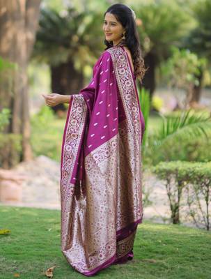 Wine floral zari work banarasi silk blend saree with blouse 4