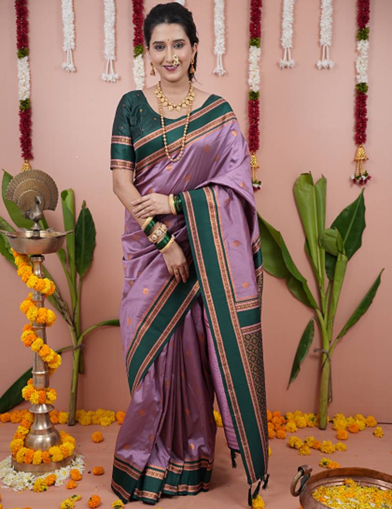 Light purple floral, zari work soft silk saree with blouse