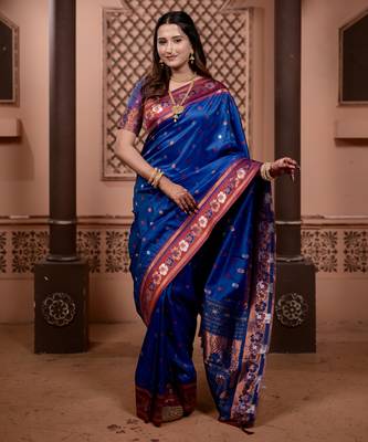 Blue floral, zari work soft silk saree with blouse 1