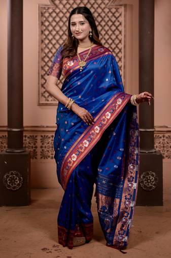 Blue floral, zari work soft silk saree with blouse